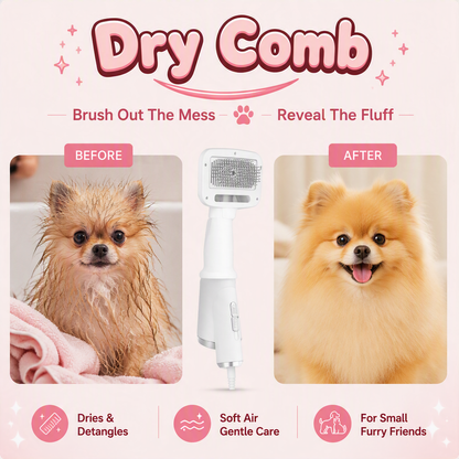 DYNACY Dry Comb collecting loose fur and visible dander during pet grooming