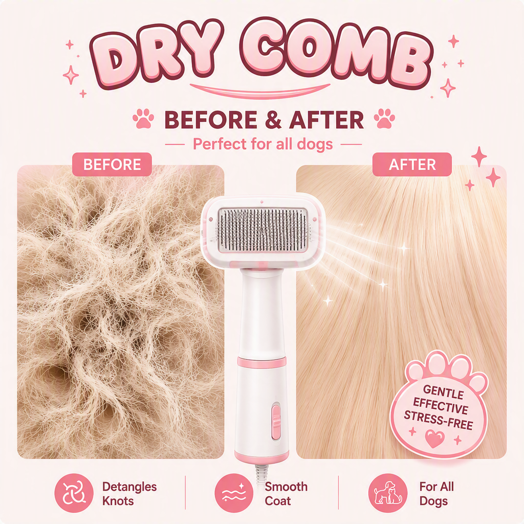 DYNACY Dry Comb used on a pet coat during an at-home grooming session