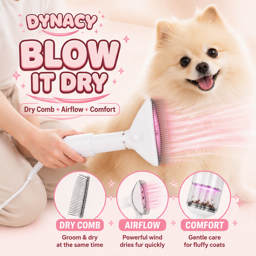 DYNACY Dry Comb vacuum pet grooming comb with built-in suction and blue visibility light